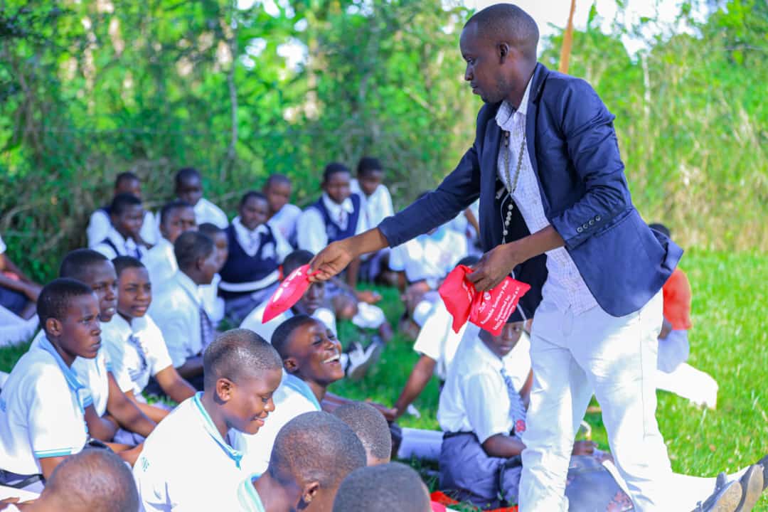 Girls from St Francis SS receiving reusable sanitary pads